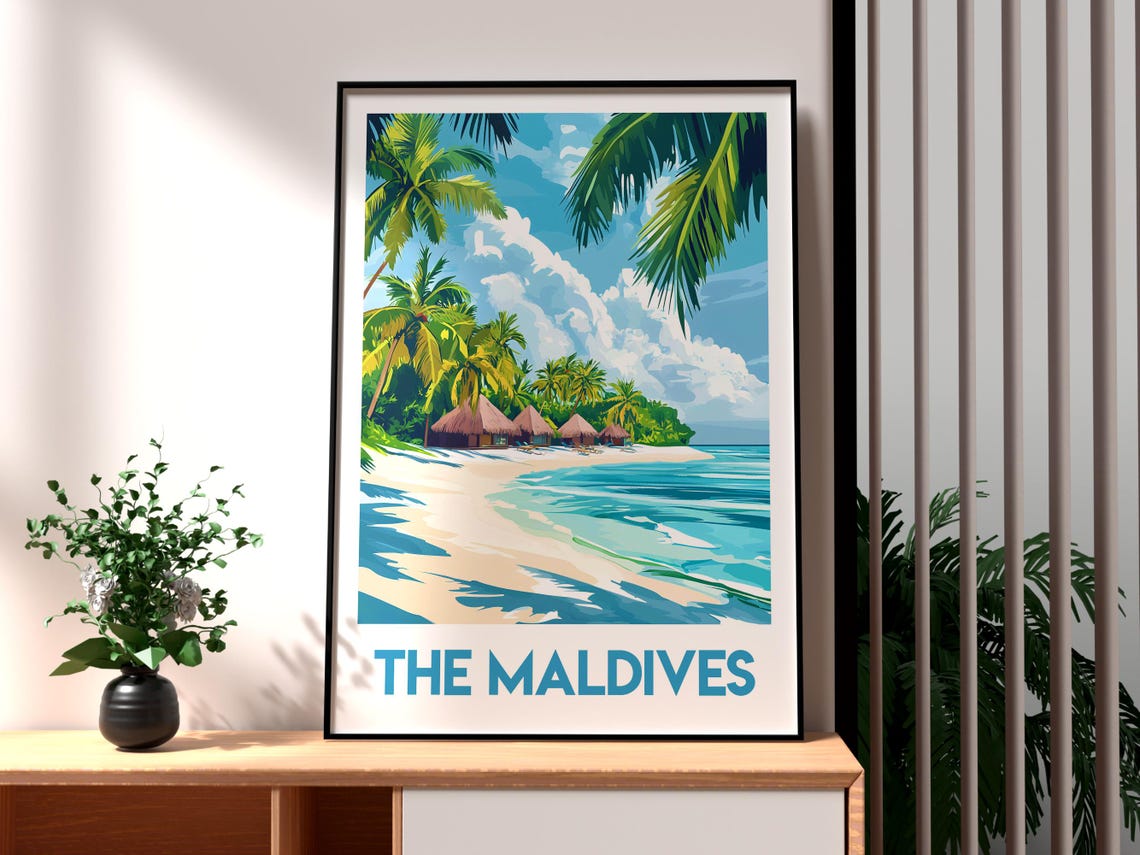 Maldives Tropical Beach Thatched Villas White Sand Travel Poster