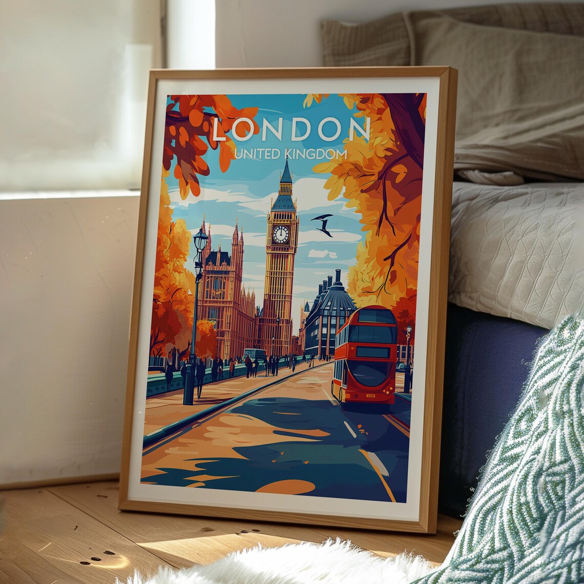 London Big Ben Red Bus Autumn Street United Kingdom Travel Poster - Image 3
