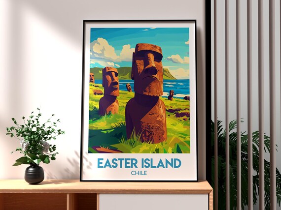 Easter Island Chile Moai Stone Statues Ocean Coast Travel Poster