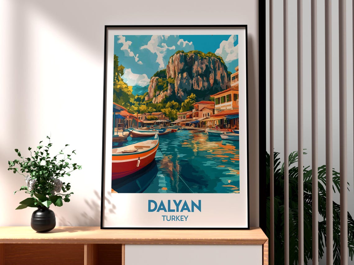 Retro Dalyan Turkey River Harbor Boats Cliffs Coastal Travel Poster