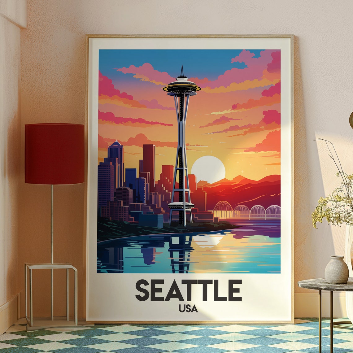 Seattle USA Space Needle Sunset Skyline Waterfront Travel Poster - Image 2