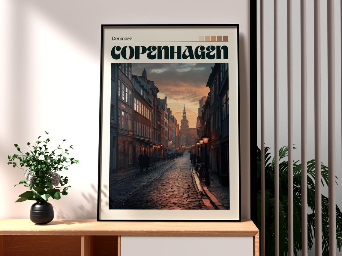 Copenhagen Denmark Cobblestone Street Dusk Lamplight Old Town Poster