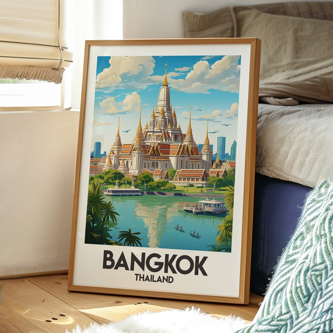 Bangkok Thailand Golden Temple Riverside Boats Vintage Travel Poster - Image 3