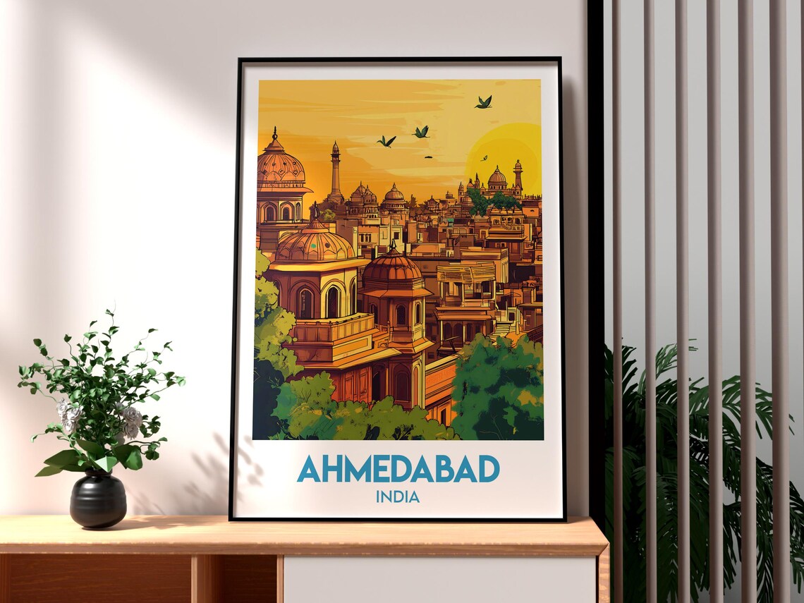Ahmedabad India Domed Palaces Golden Sunset Retro Travel Poster