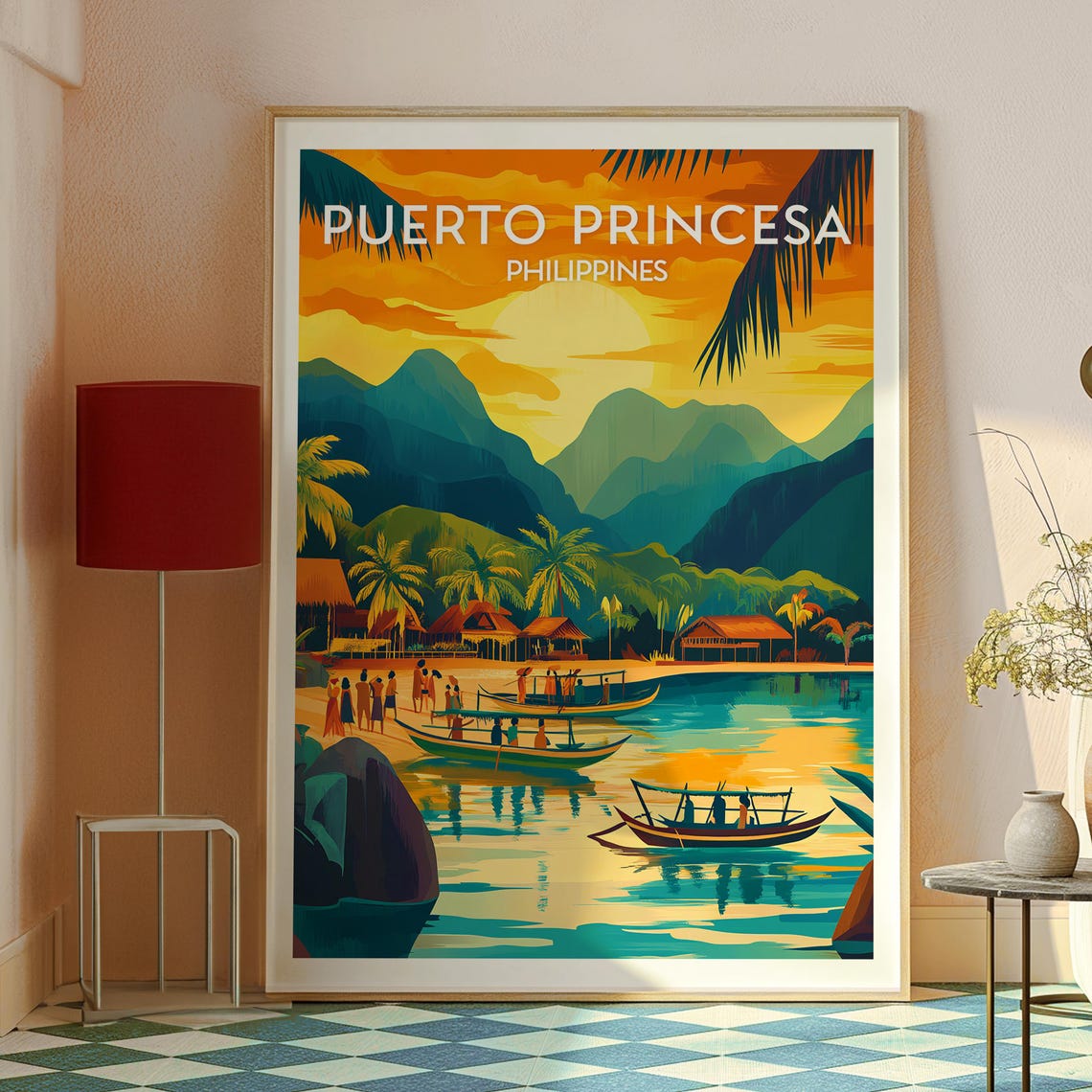 Puerto Princesa Philippines Sunset Bay Boats Palawan Travel Poster - Image 2