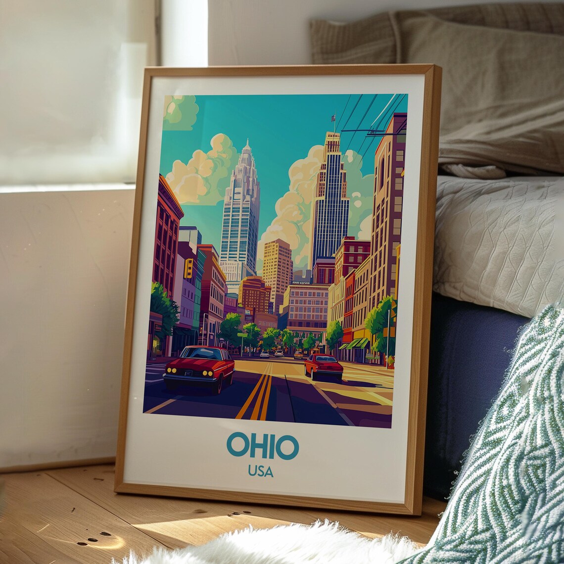 Ohio USA Downtown Skyline Skyscraper Avenue Red Cars Retro City Poster - Image 3