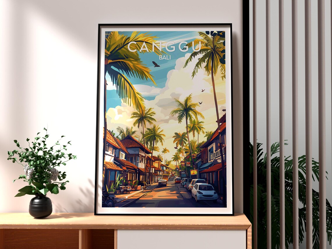 Canggu Bali Indonesia Surf Town Palm Lined Street Retro Travel Poster