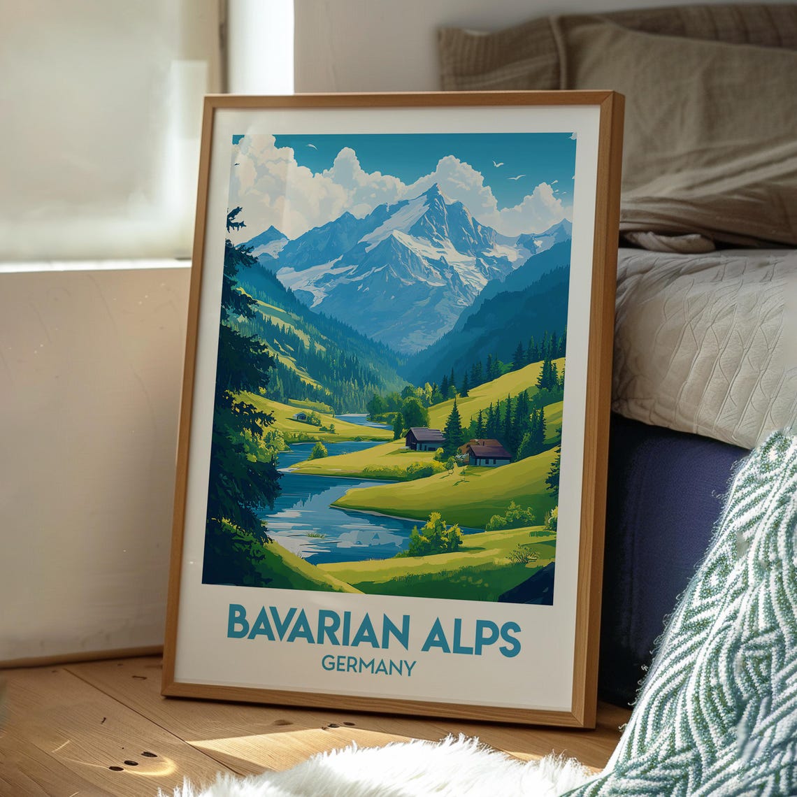 Bavarian Alps Germany Snow Peak Green Valley River Travel Poster - Image 3