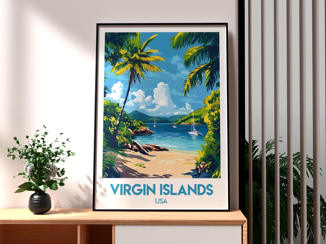 Virgin Islands Beach Palm Trees Sailboats Tropical Travel Poster