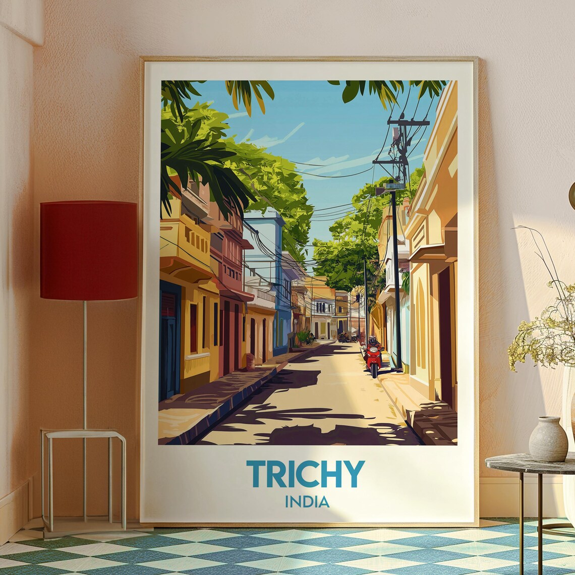 Trichy India Colorful Sunlit Street Scooter Sunny Travel Poster - Image 2