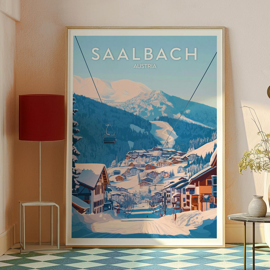 Saalbach Austria Ski Village Gondola Snowy Mountains Art Poster - Image 2