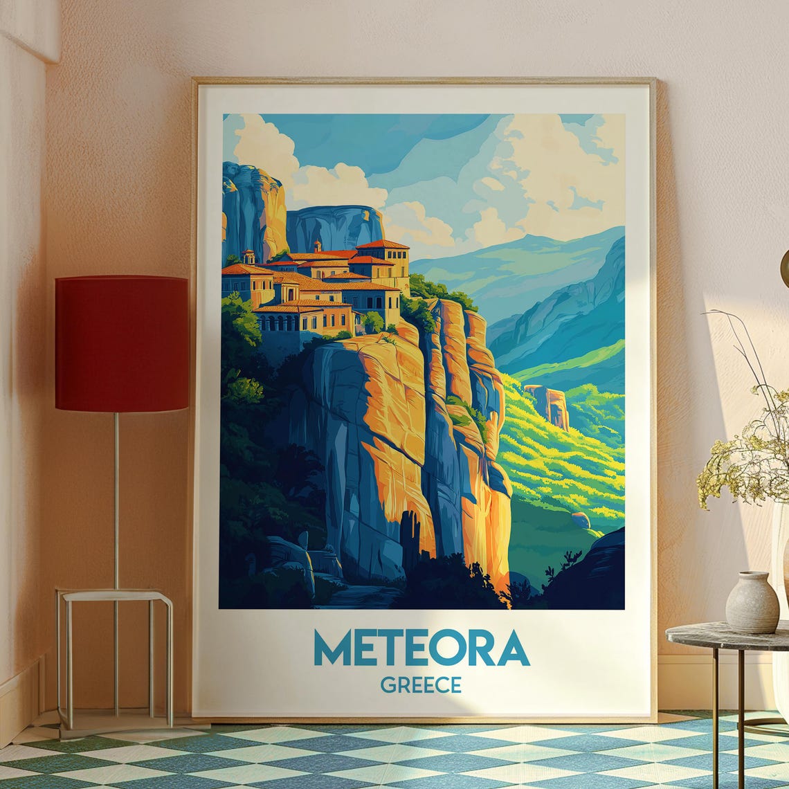 Meteora Greece Monastery Atop Towering Rock Pillar Sunset Poster - Image 2