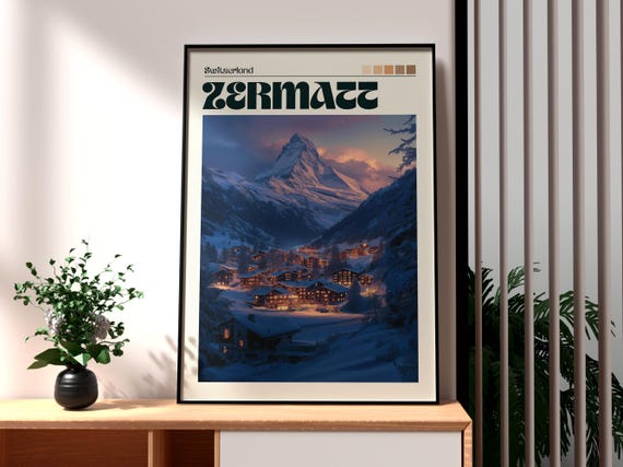 Zermatt Poster Swiss Alps Print Wall Art Switzerland Skiing Matterhorn