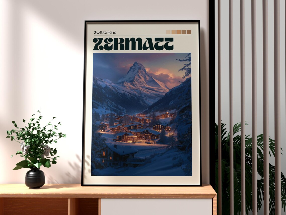 Zermatt Switzerland Matterhorn Night Snowy Village Alps Travel Poster
