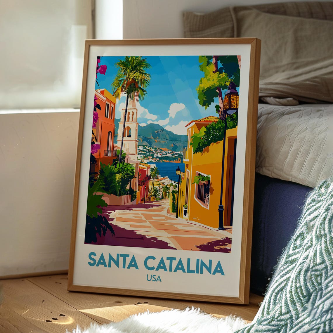 Santa Catalina USA Colorful Street Bell Tower Sea View Art Poster - Image 3