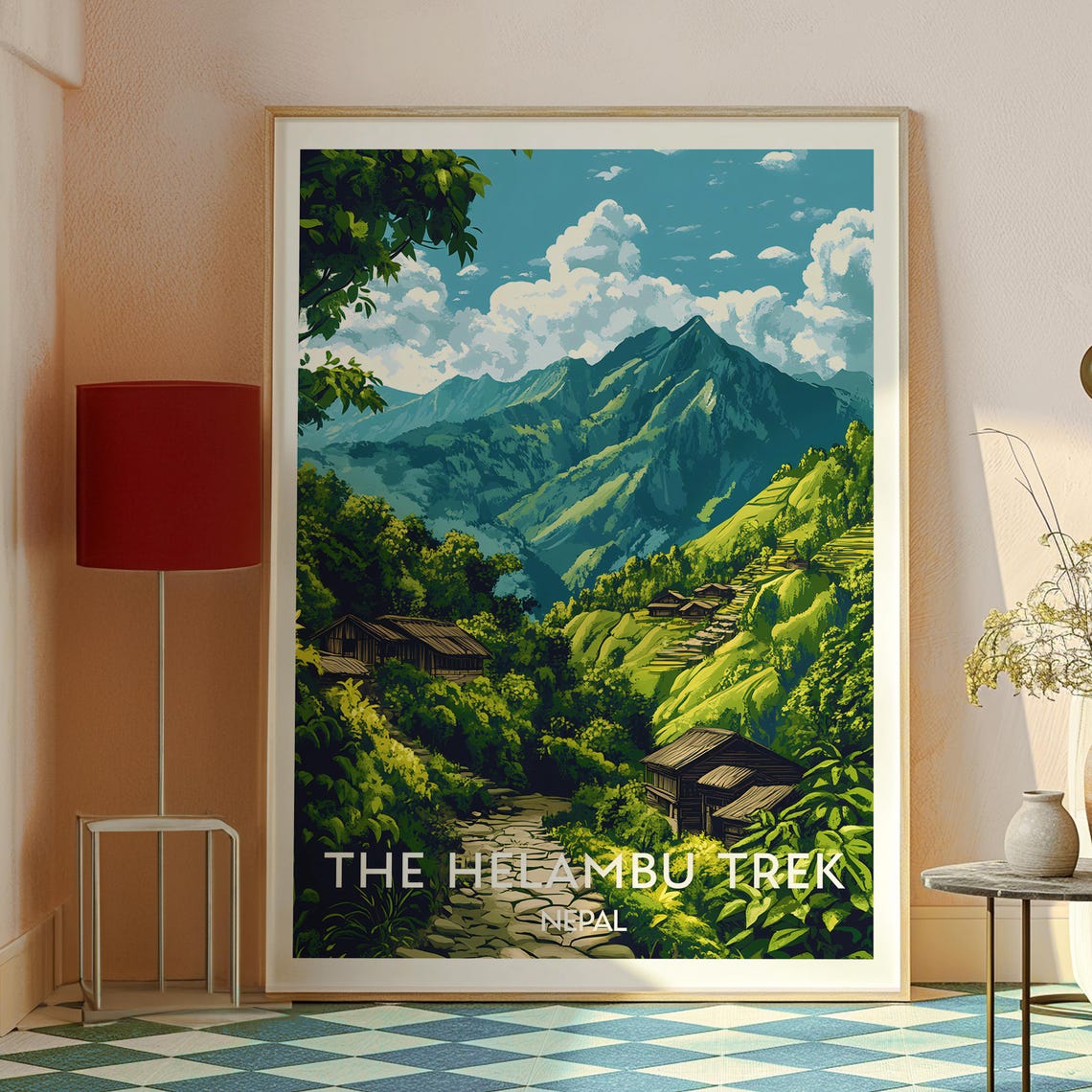 Helambu Trek Nepal Green Valley Village Huts Mountain Travel Poster - Image 3
