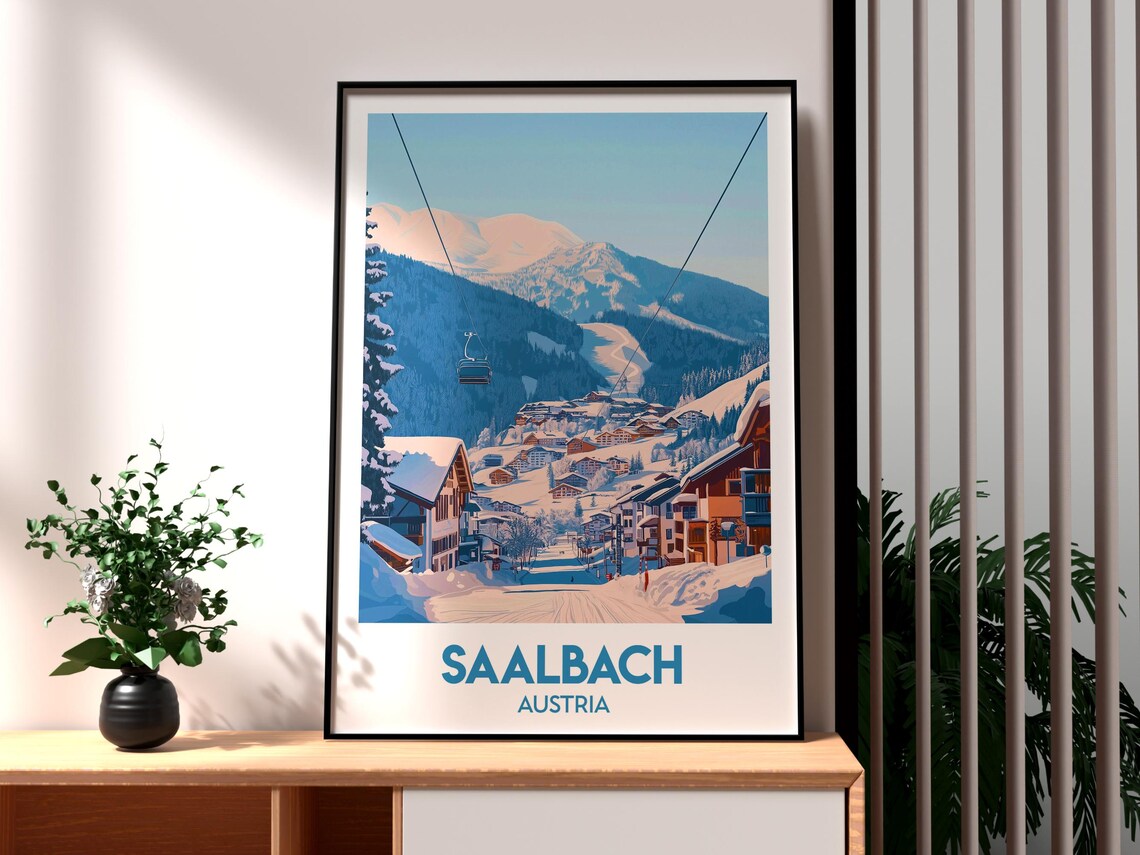 Saalbach Austria Ski Resort Snowy Village Gondola Alps Travel Poster