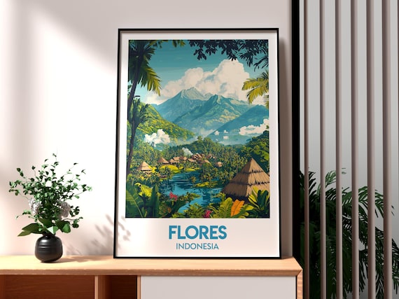 Flores Indonesia Village Lake Volcano Jungle Island Travel Poster