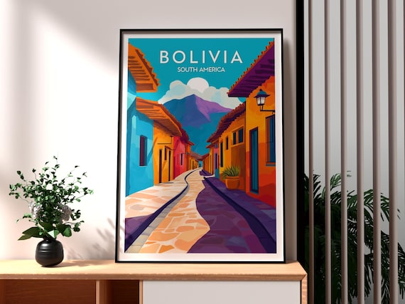 Bolivia Colorful Old Town Street Mountain Scenic Travel Poster