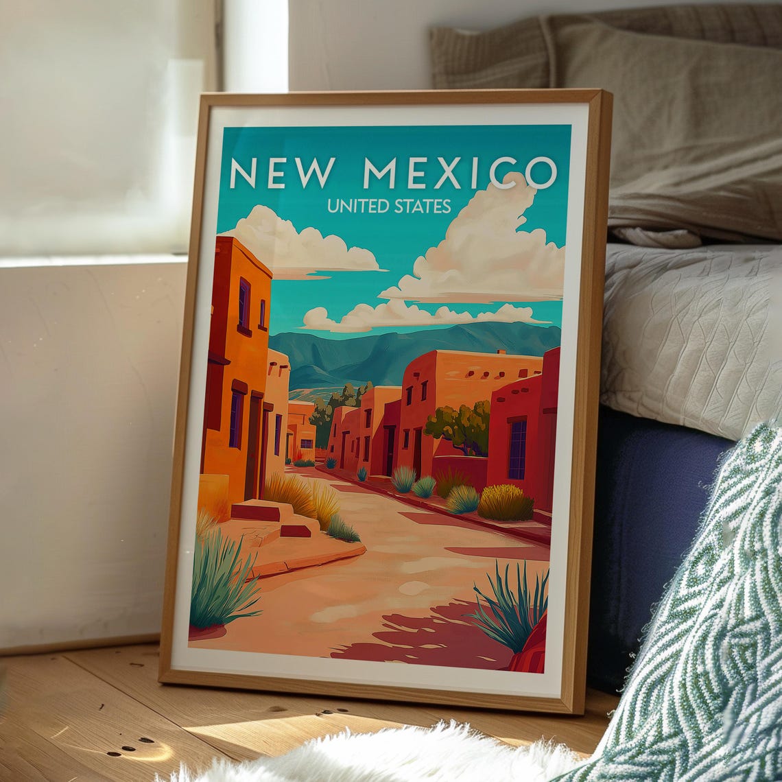 New Mexico Santa Fe Adobe Street Sunset Vintage Travel Poster - Image 3