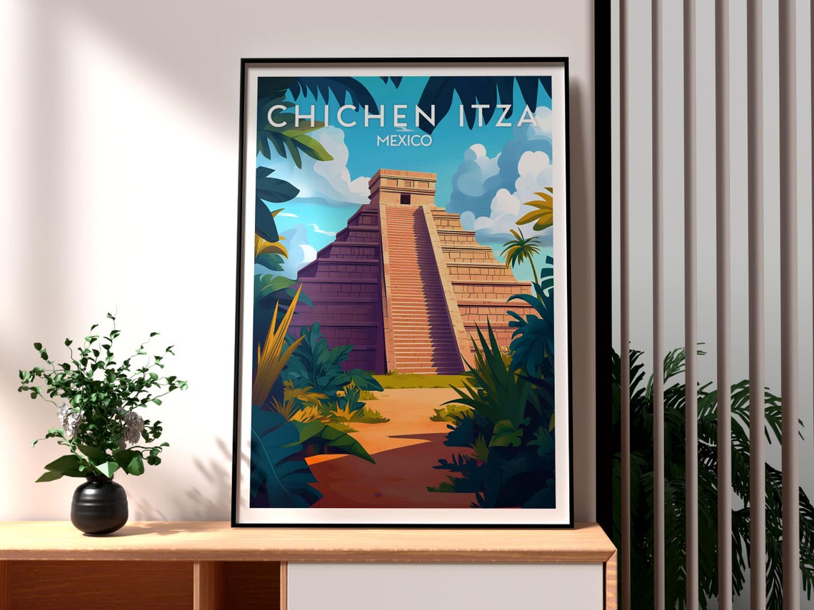 Chichen Itza Mexico Mayan Pyramid Jungle Vintage Travel Poster
