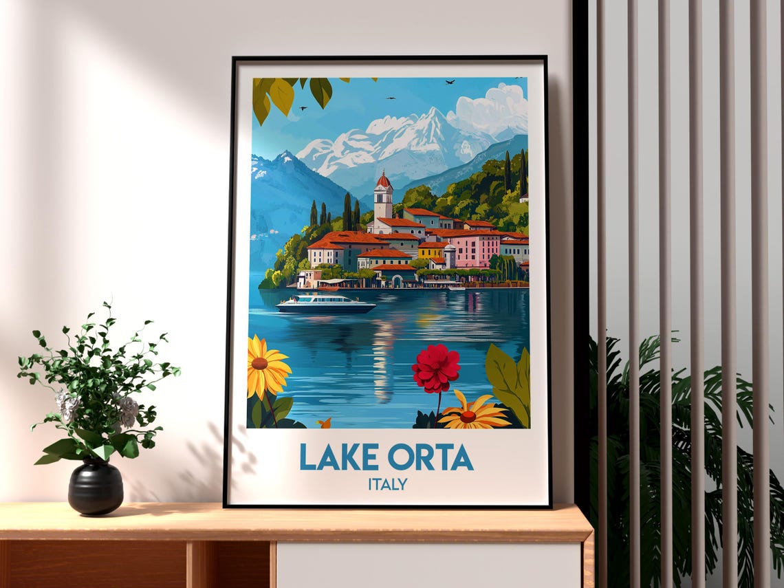 Lake Orta Italy Lakeside Village Mountain Flowers Travel Poster