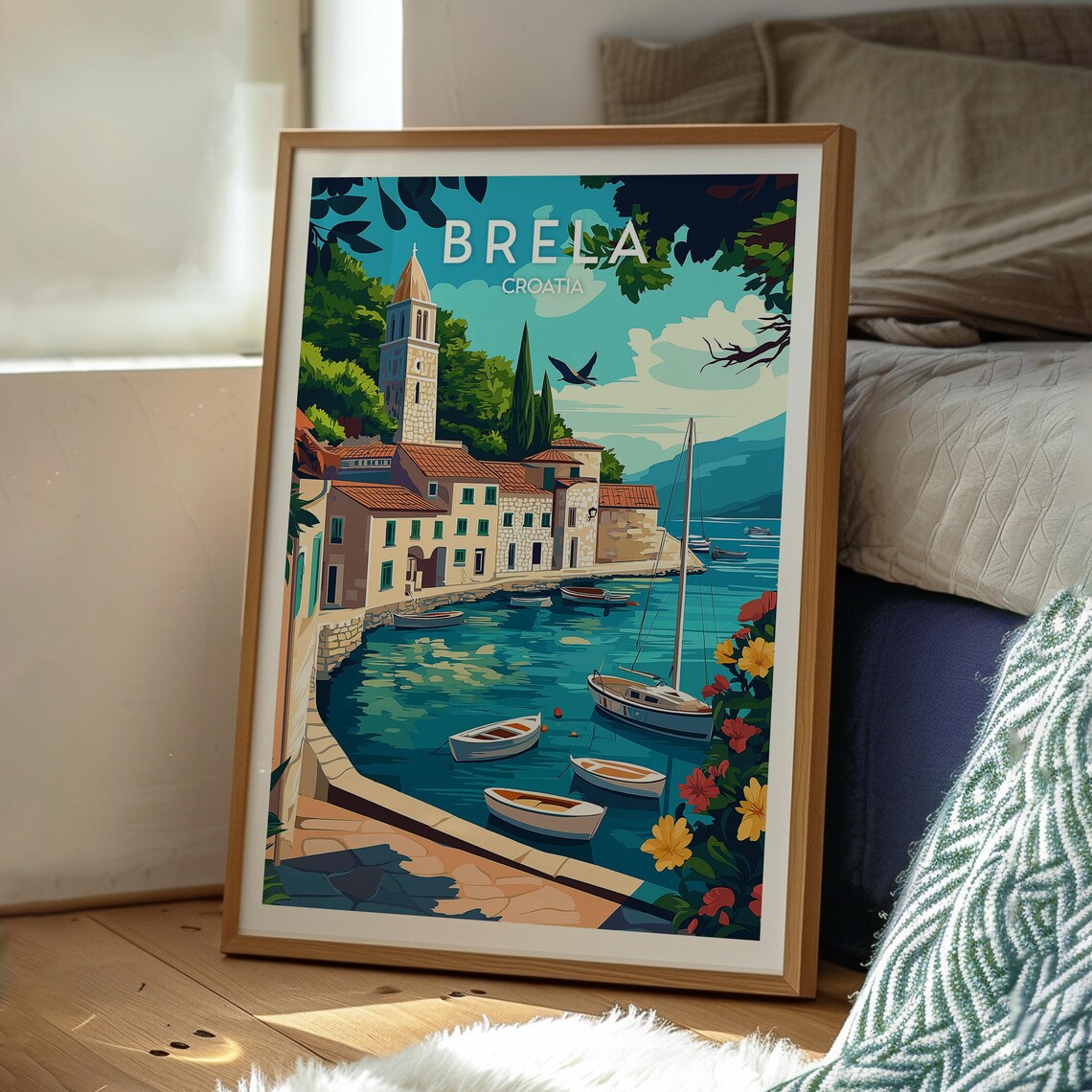 Brela Croatia Vintage Style Harbor Church Tower Travel Poster - Image 3