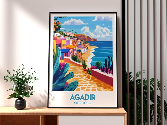 Agadir Travel Poster, Morocco City and Atlas Mountains