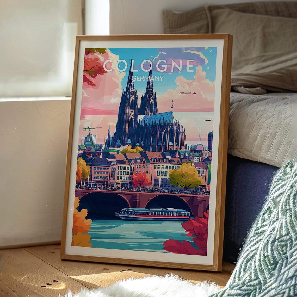 Cologne Germany Cathedral River Boat Cityscape Sunset Art Poster - Image 3