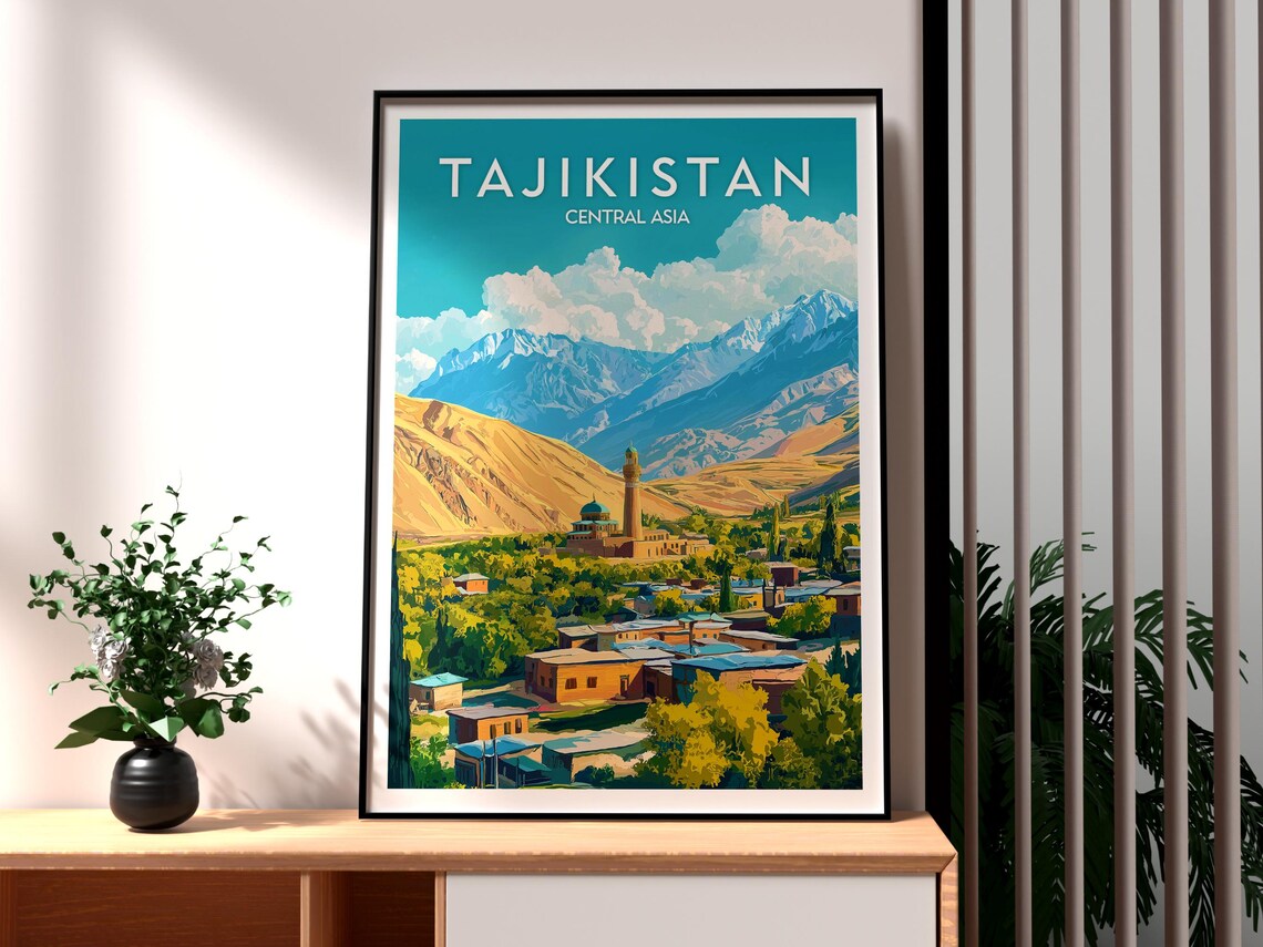 Tajikistan Central Asia Mountain Village Mosque Travel Poster