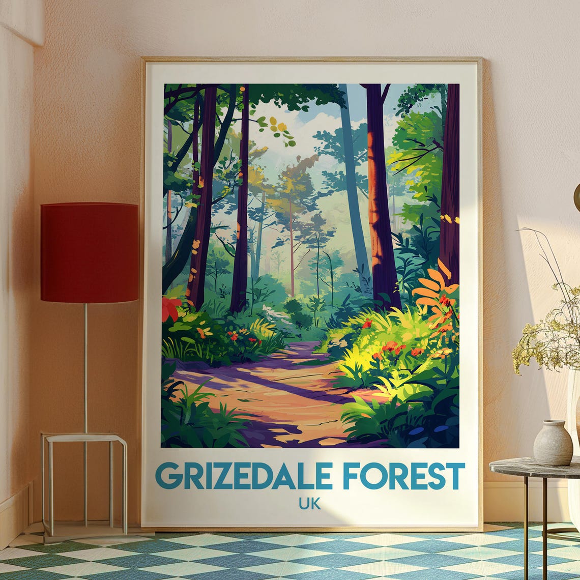 Grizedale Forest UK Lush Vibrant Woodland Path Illustration Poster - Image 2