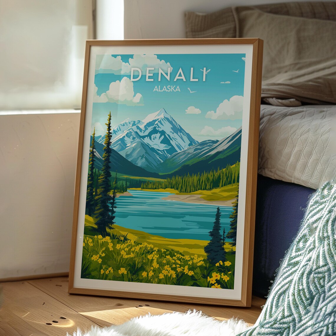 Denali Alaska Snowy Peak Mountain Lake Wildflower Meadow Travel Poster - Image 3