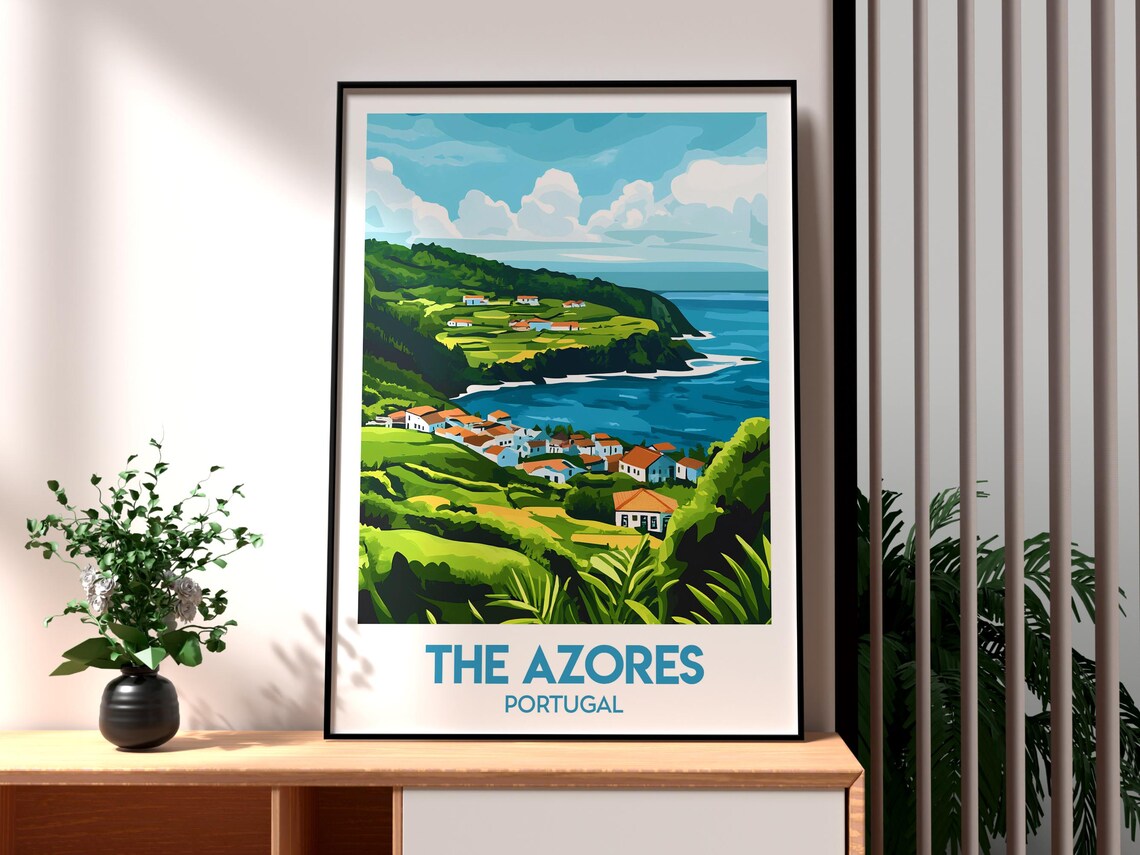 The Azores Portugal Green Cliff Coastal Village Ocean Travel Poster