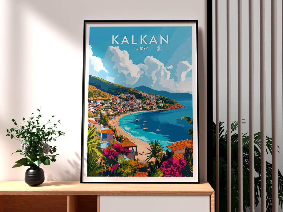Kalkan Turkey Turquoise Bay Beach Sailboats Coastal Escape Poster