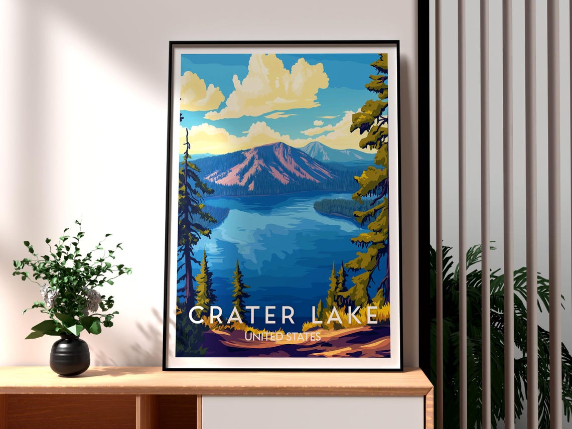 Crater Lake Oregon Blue Water Mountain Peak Pine Forest Travel Poster - Image 3