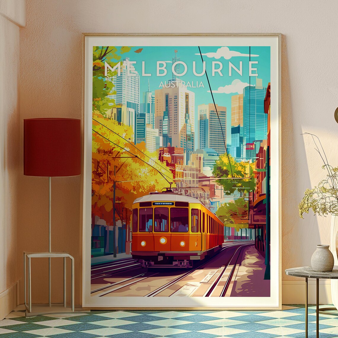 Melbourne Australia Vintage Tram City Skyline Autumn Travel Poster - Image 2