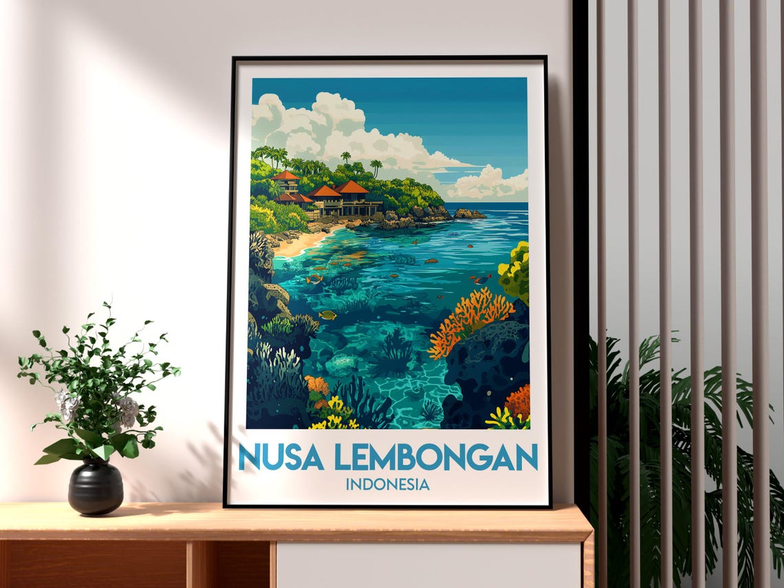 Nusa Lembongan Indonesia Coral Reef Ocean Bay Retro Travel Poster