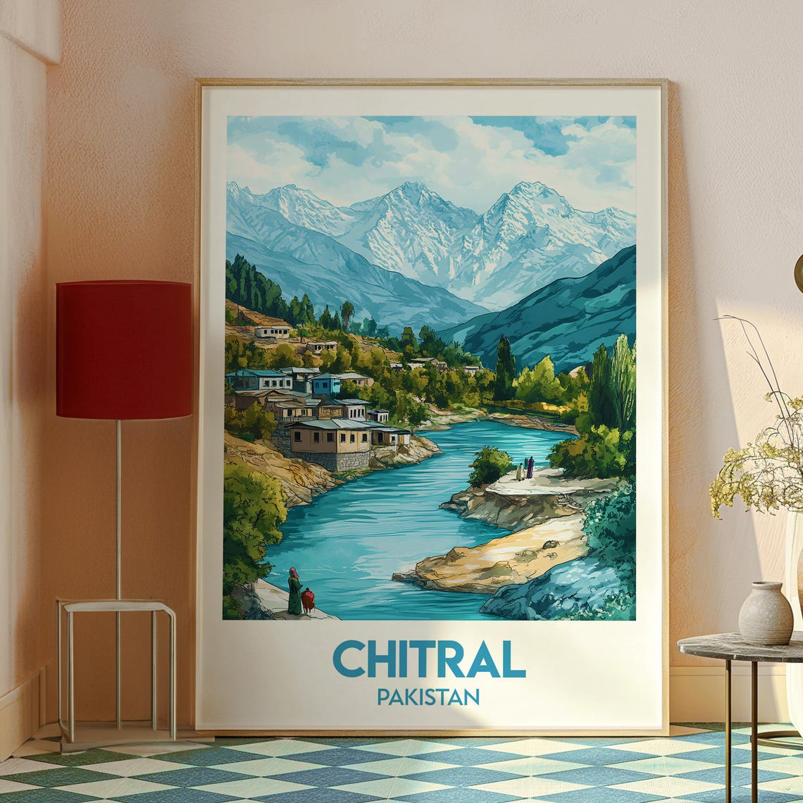 Chitral Pakistan River Valley Village Snow Peaks Travel Poster - Image 2