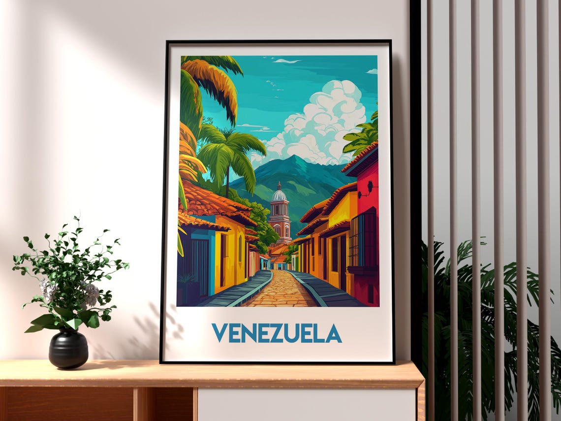 Venezuela Colonial Street Palm Trees Church Dome Mountain View Poster