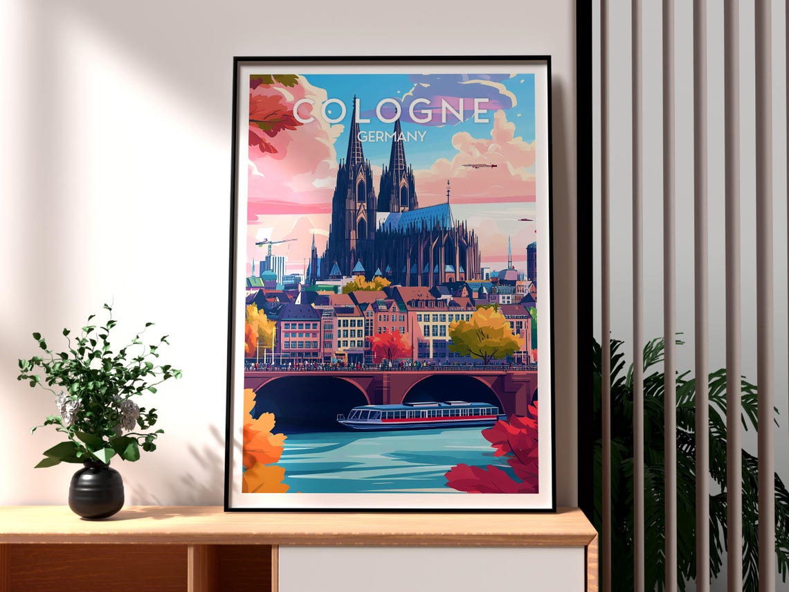 Cologne Germany Cathedral River Boat Cityscape Sunset Art Poster