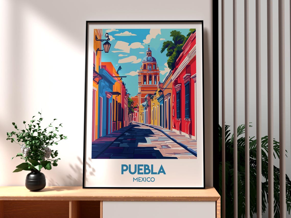 Puebla Mexico Colonial Street Cathedral Tower Colorful Art Poster
