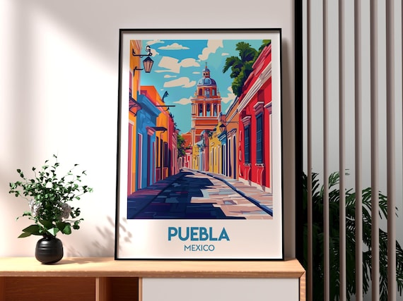 Puebla Mexico Colonial Street Cathedral Tower Colorful Art Poster