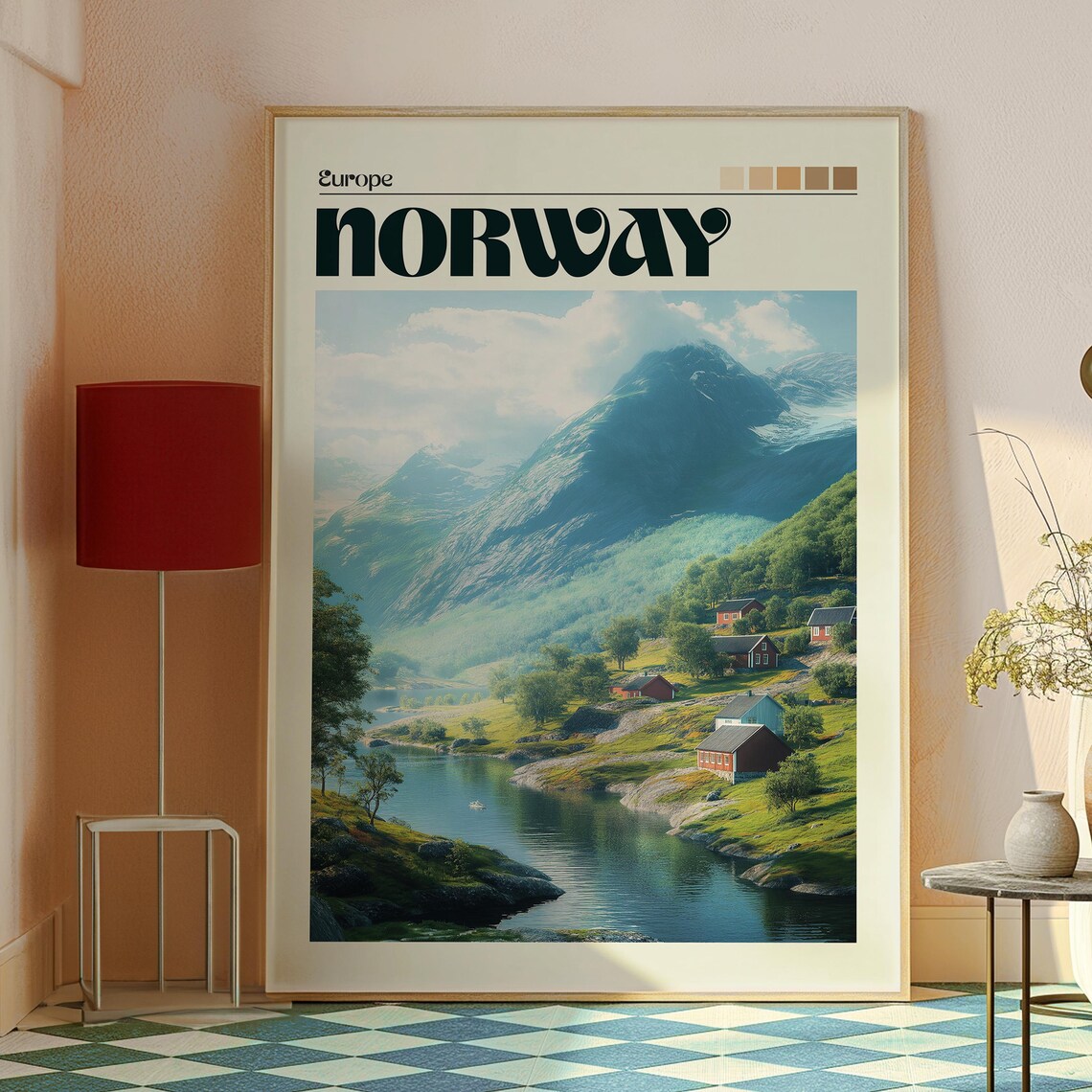 Norway Fjord Snowy Peaks Red Cabins Lakeside Scenic Travel Poster - Image 2