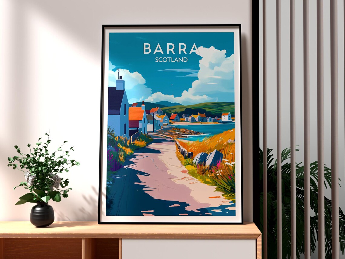 Barra Scotland Coastal Village Landscape Vintage Travel Style Poster