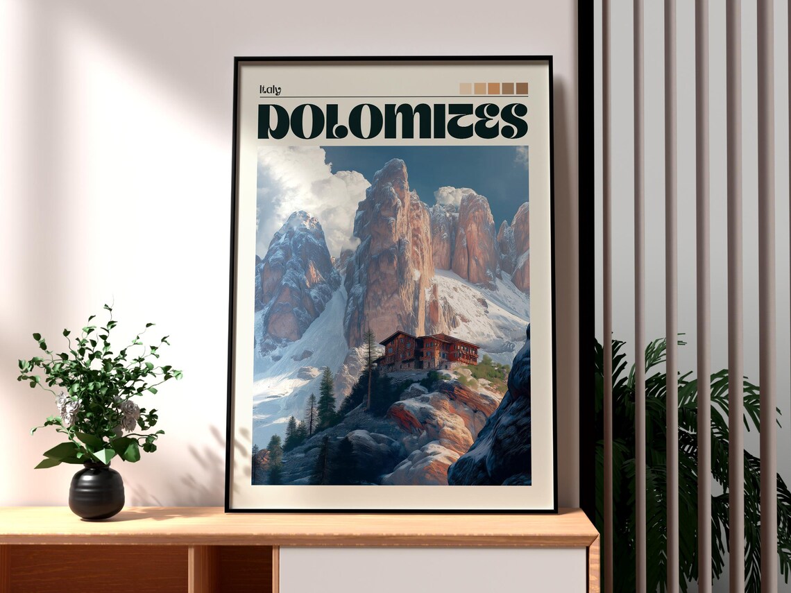 Dolomites Italy Alpine Peaks Snowy Mountain Lodge Travel Poster