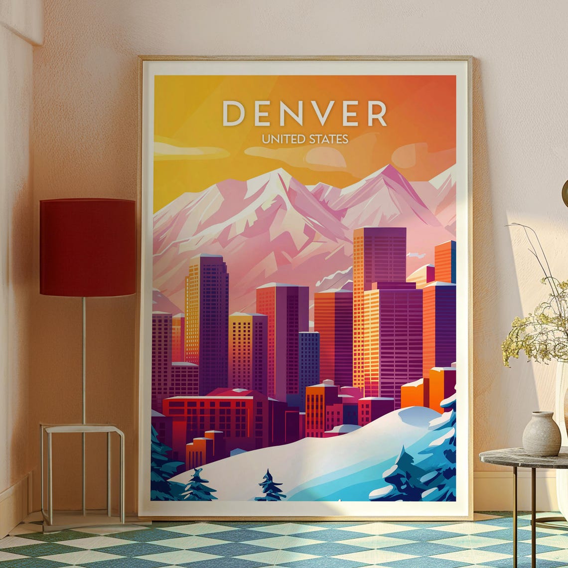 Denver Colorado Skyline Snowy Peaks Orange Sky Travel Poster - Image 2