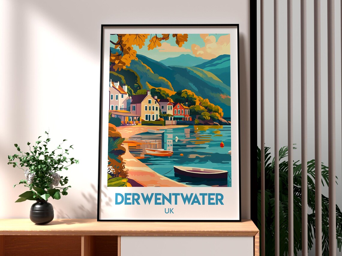 Derwentwater UK Lake District Boats Lakeside Village Travel Poster