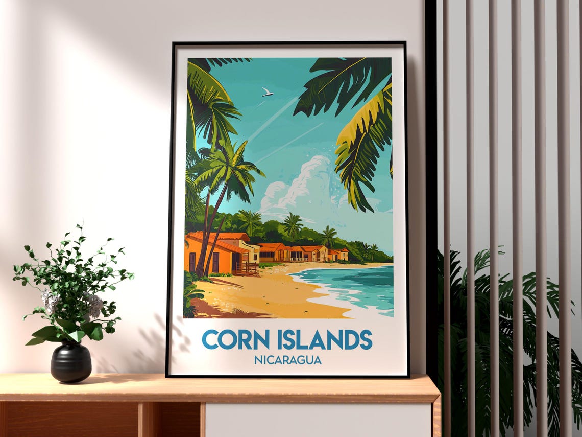 Corn Islands Nicaragua Tropical Beach Palms Caribbean Travel Poster