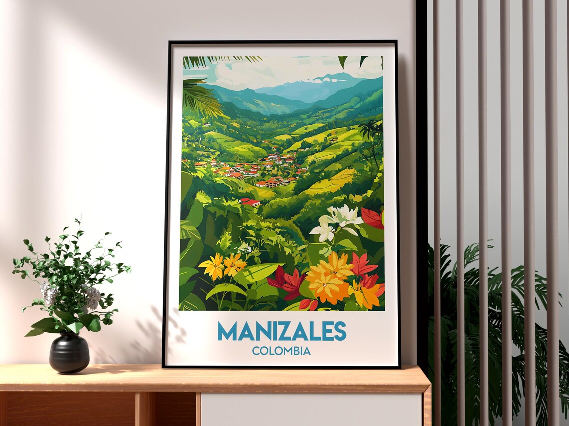 Manizales Colombia Coffee Region Green Valley Village Landscape Poster - Image 3