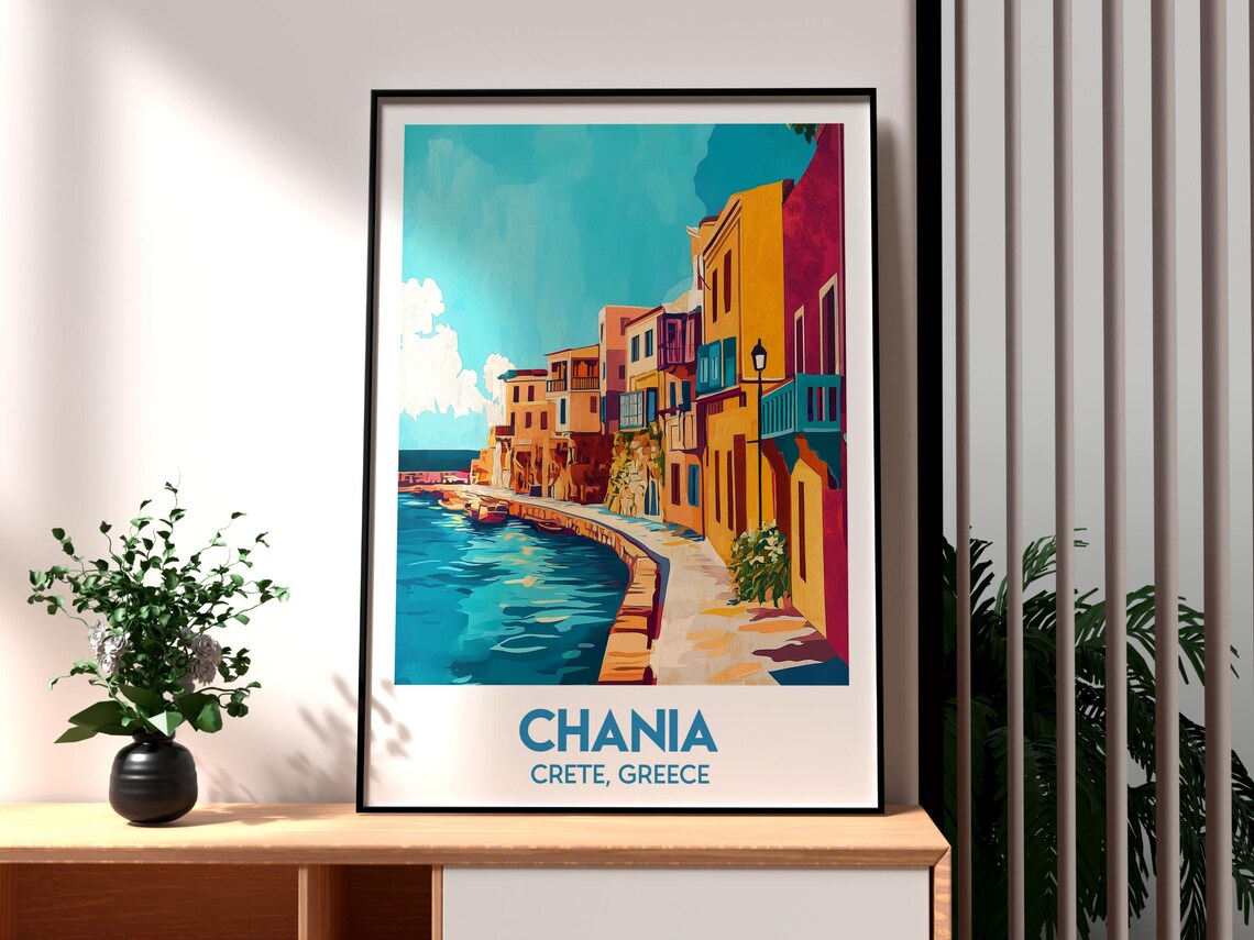 Chania Crete Greece Colorful Harbor Street Old Port Travel Poster